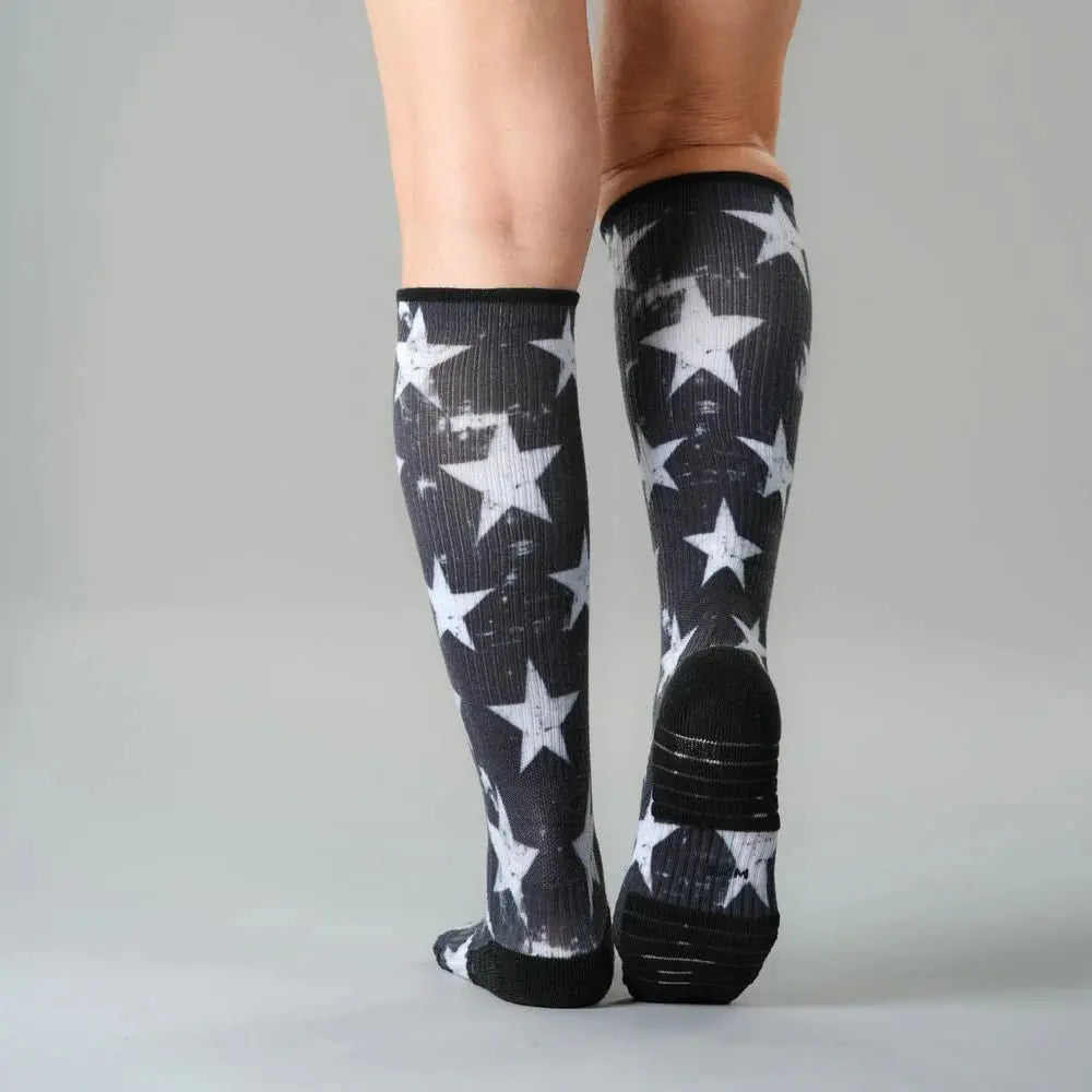 Retro Stars knee high compression stockings - fun pattern close-up