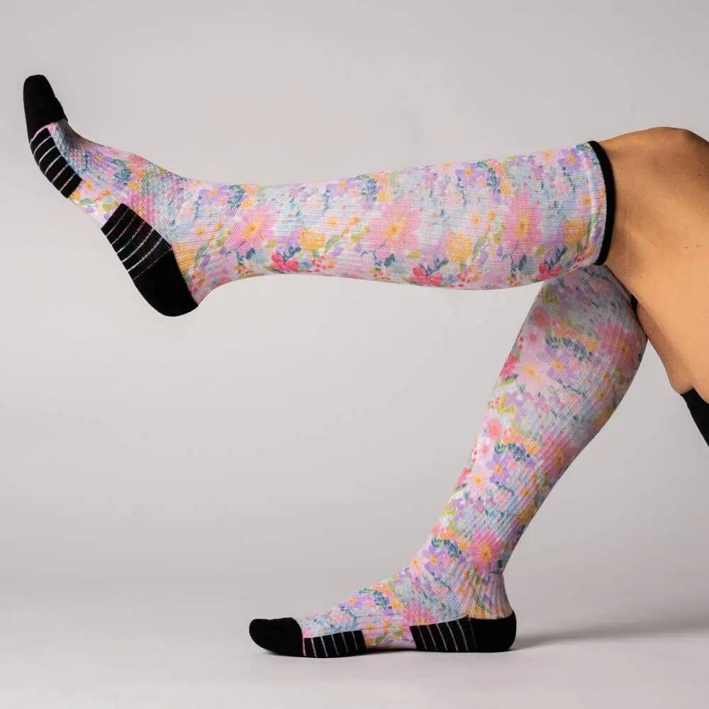 Bouquet knee high compression stockings - fun pattern close-up