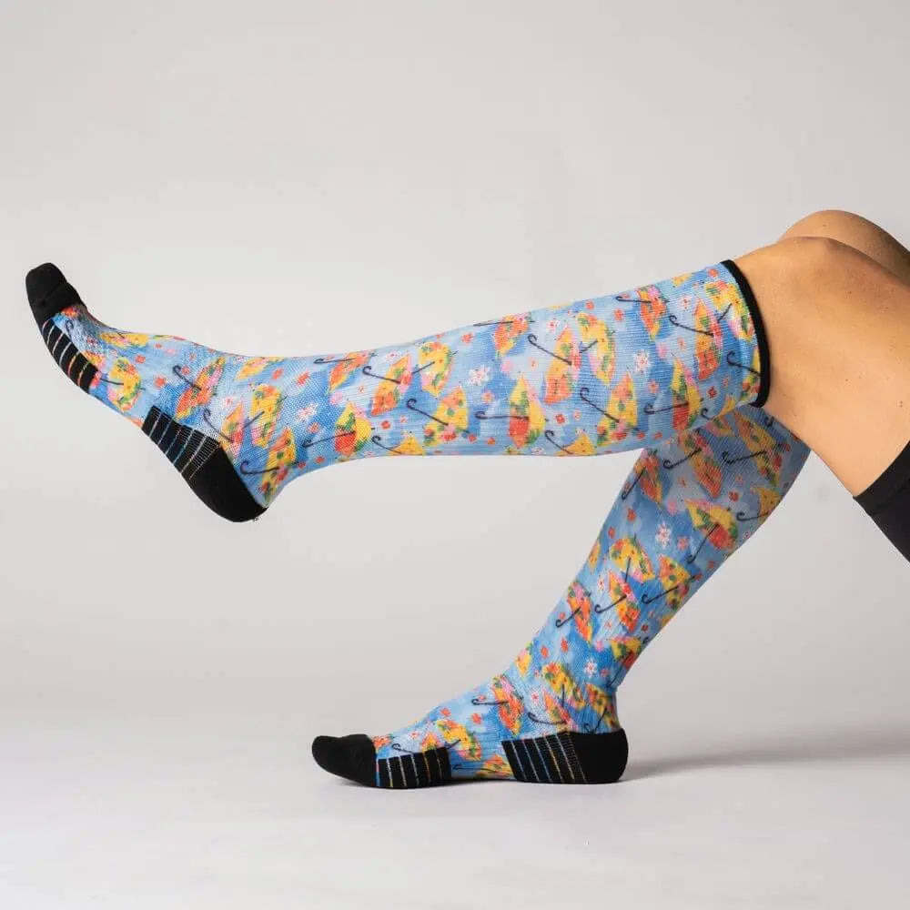 Spring Showers knee high compression stockings - fun pattern close-up